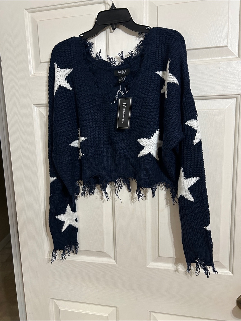 Frayed Star-Print Cropped Sweater - Navy